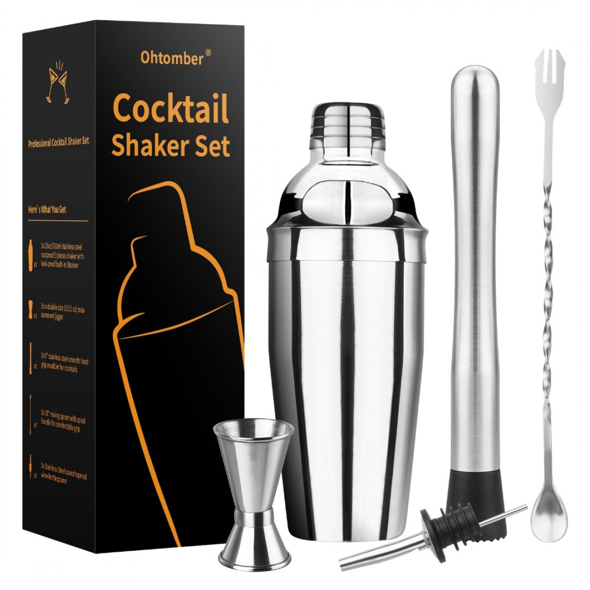 Ohtomber Cocktail Shaker Bartender Kit - 5 Pieces Cocktail Martini Shaker with Strainer, Muddler for