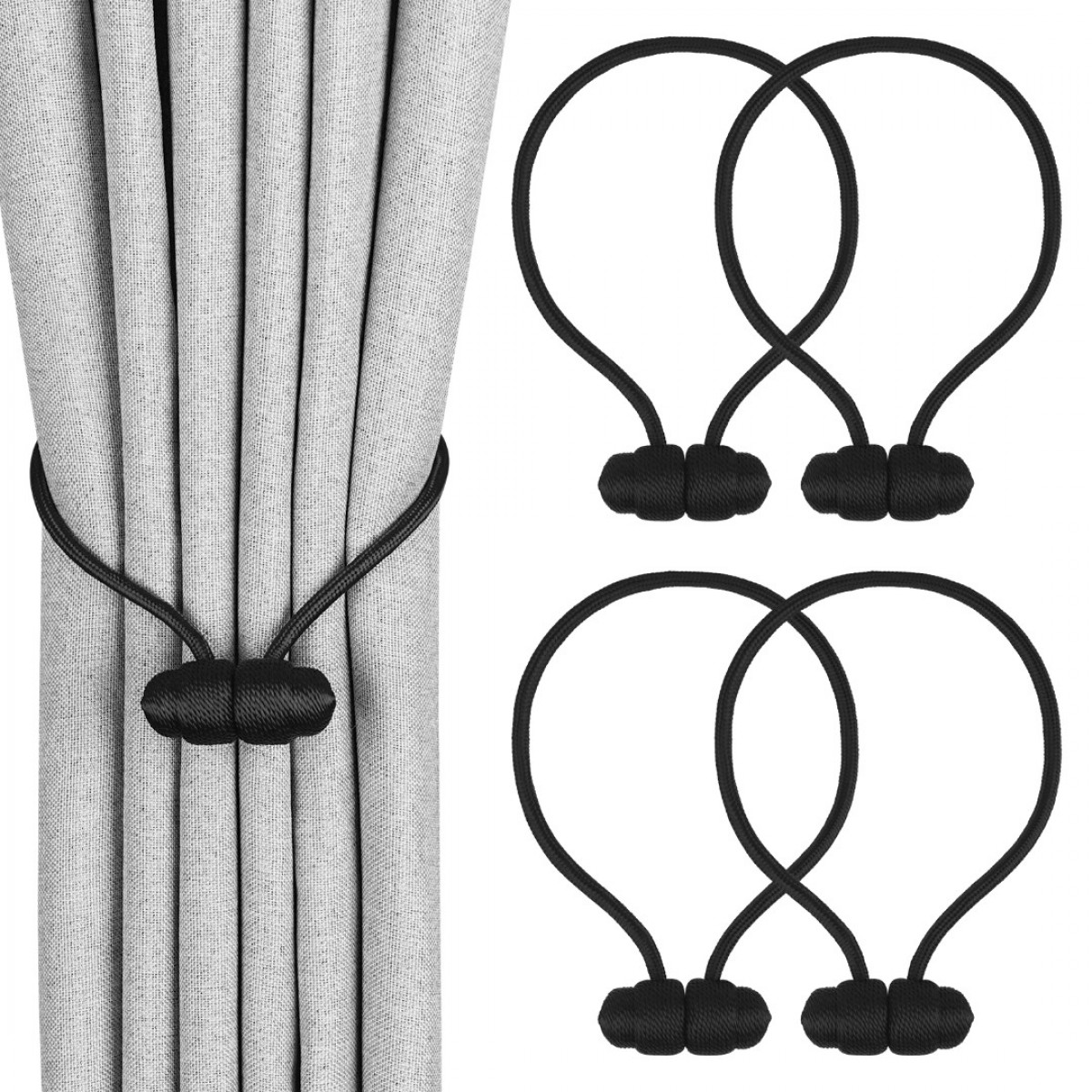 Ohtomber Black Magnetic Curtain Tiebacks - 4 Pack Curtain Tie Backs for Curtains, Strong Curtain Tie