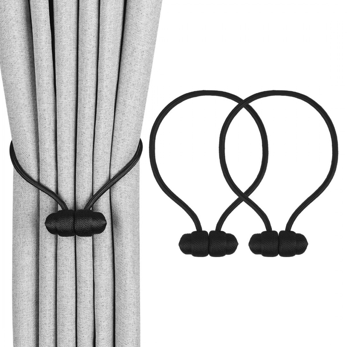 Ohtomber Black Magnetic Curtain Tiebacks - 2 Pack Curtain Tie Backs for Curtains, Strong Curtain Tie